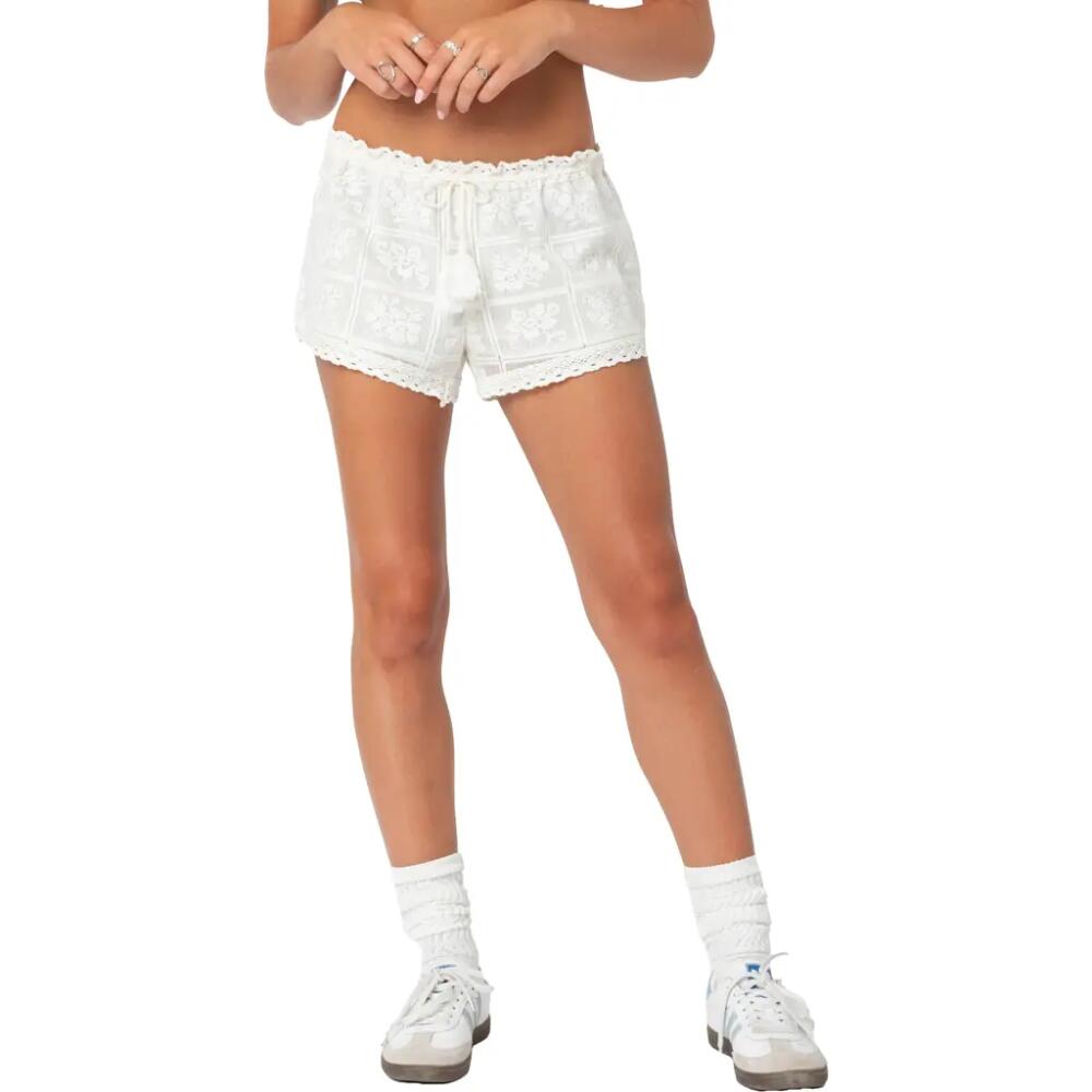 EDIKTED Needlepoint Lace Drawstring Shorts in White Cover