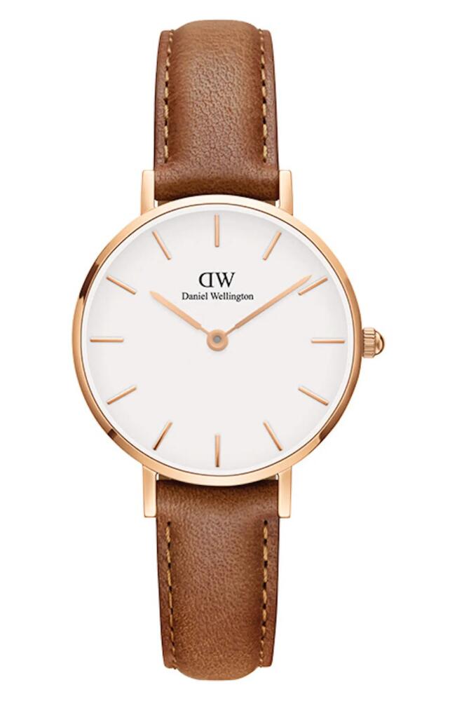 Daniel Wellington Classic Petite Leather Strap Watch, 28mm in Light Brown/White/Rose Gold Cover