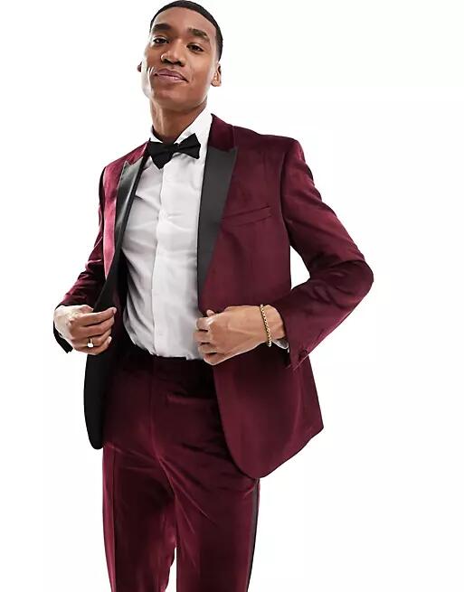 ASOS DESIGN slim tuxedo suit jacket in burgundy velvet-Red Cover