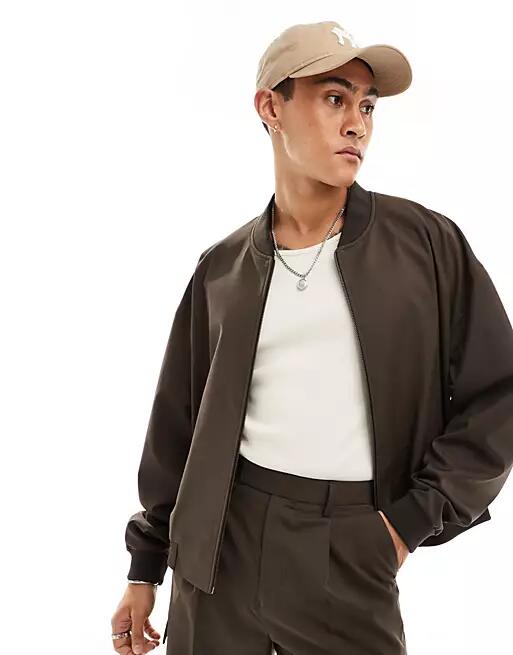 ASOS DESIGN smart bomber jacket with pocket detail in brown - part of a set Cover