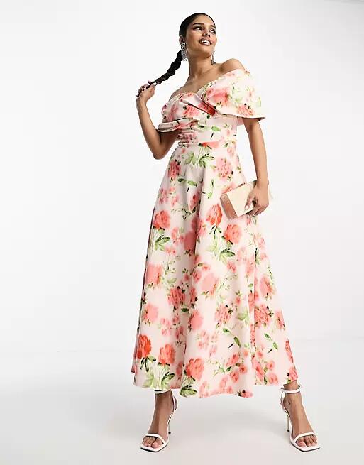 True Violet folded midi prom dress in peach floral print-Pink Cover