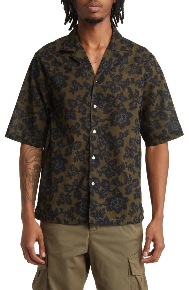 Officine Générale Erenss Oversize Floral Textured Short Sleeve Camp Shirt in Olive/Green/Black Cover