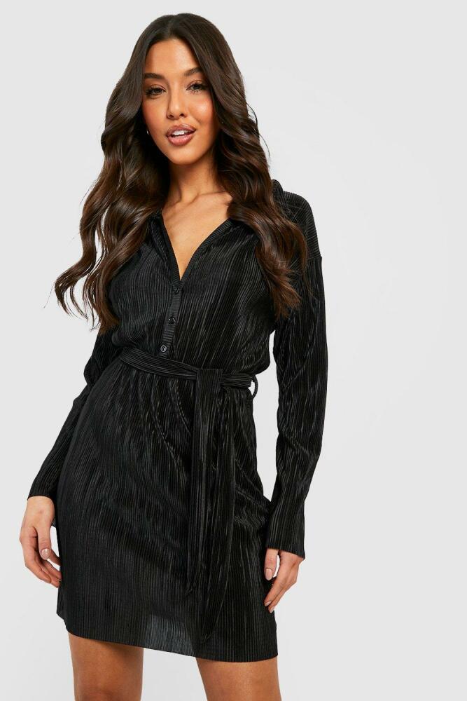 boohoo Womens Plisse Tie Waist Shirt Dress - Black Cover