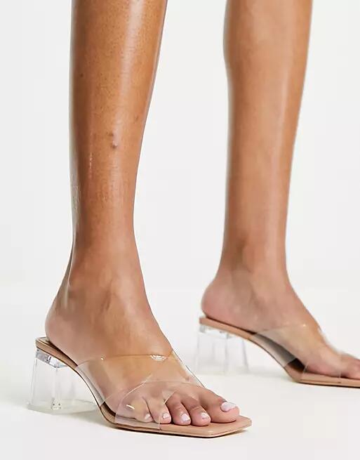 Stradivarius low block heeled sandal in clear-Silver Cover