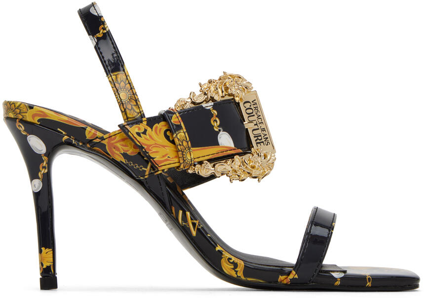 Versace Jeans Couture Black & Gold Emily Baroque Heeled Sandals Cover