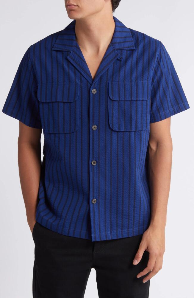 Les Deux Osmund Stripe Cotton Seersucker Camp Shirt in Dark Navy/Blueprint Cover