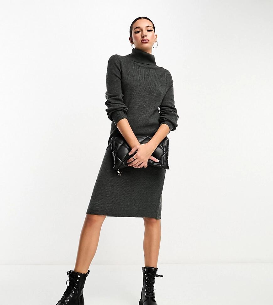 Only Tall roll neck puff sleeve knitted midi sweater dress in charcoal-Gray Cover