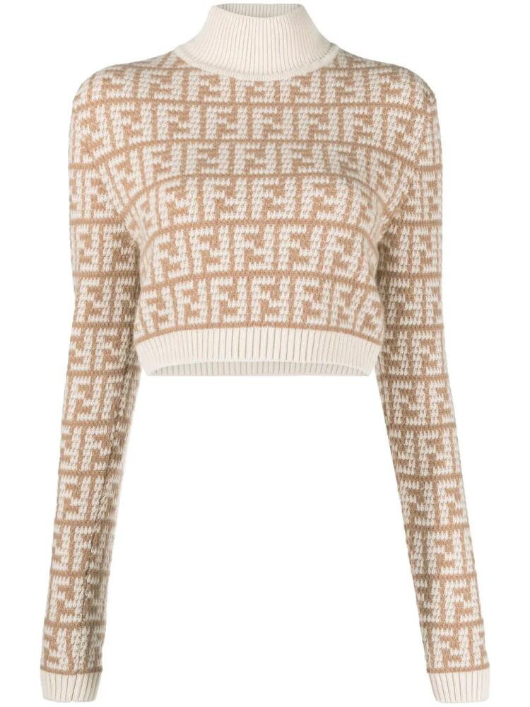 FENDI FF jacquard cashmere cropped jumper - Neutrals Cover