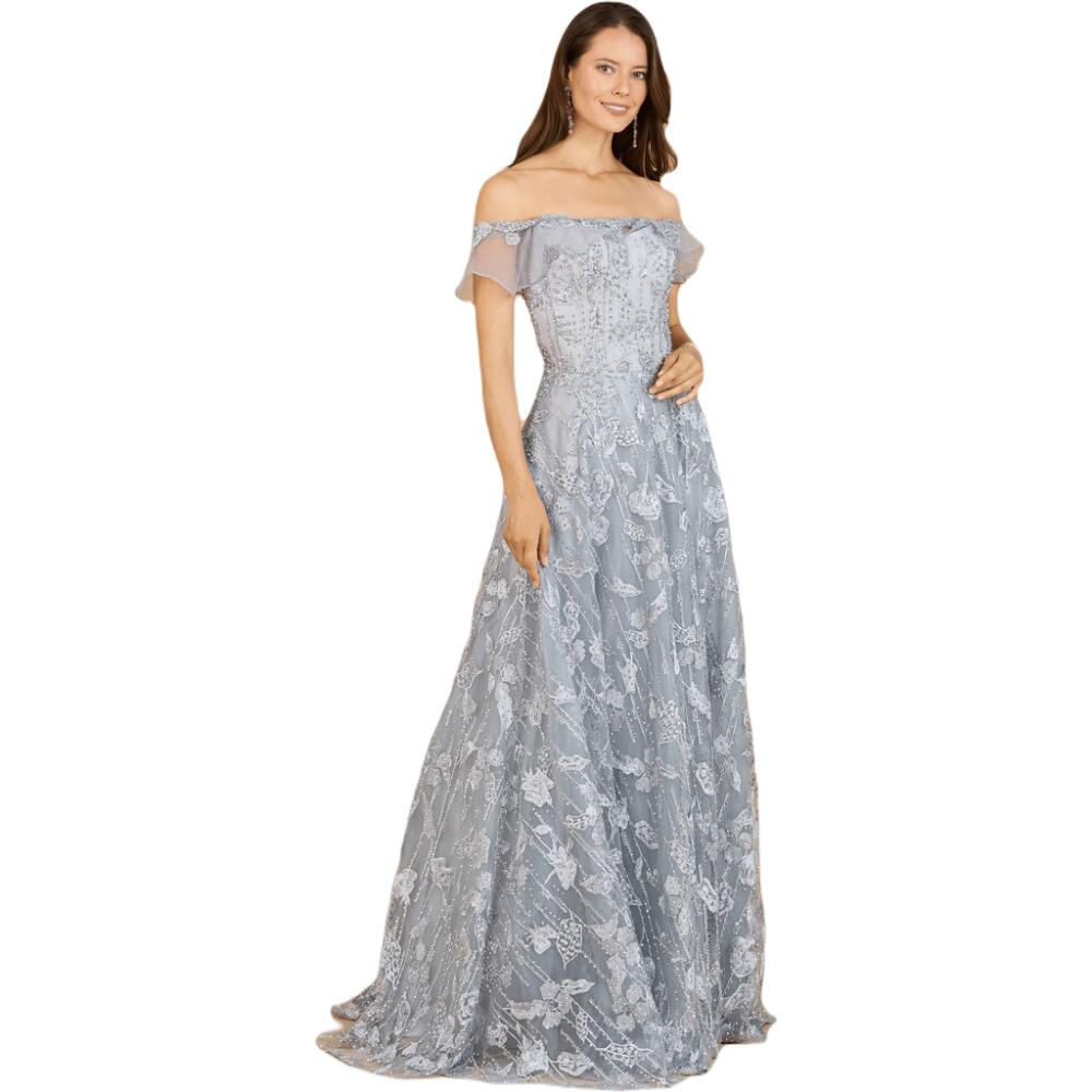 LARA New York Flutter Off Shoulder Lace Gown in Slate Cover