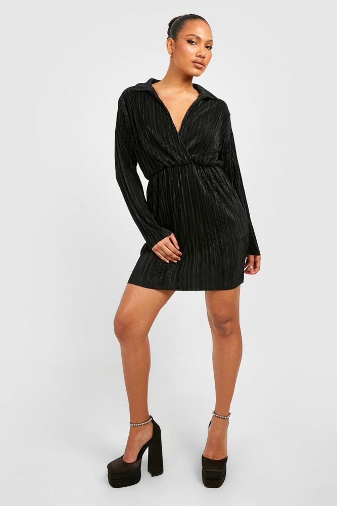 boohoo Womens Plisse Wrap Shirt Dress - Black Cover