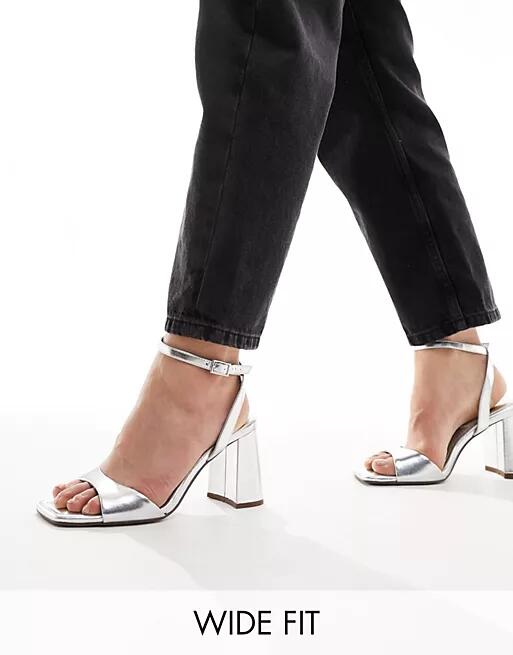 ASOS DESIGN Wide Fit Hotel barely there block heeled sandals in silver Cover