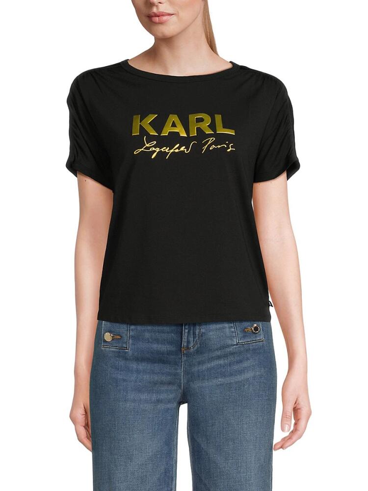 Karl Lagerfeld Paris Women's Ruched Metallic Logo Tee - Black Cover