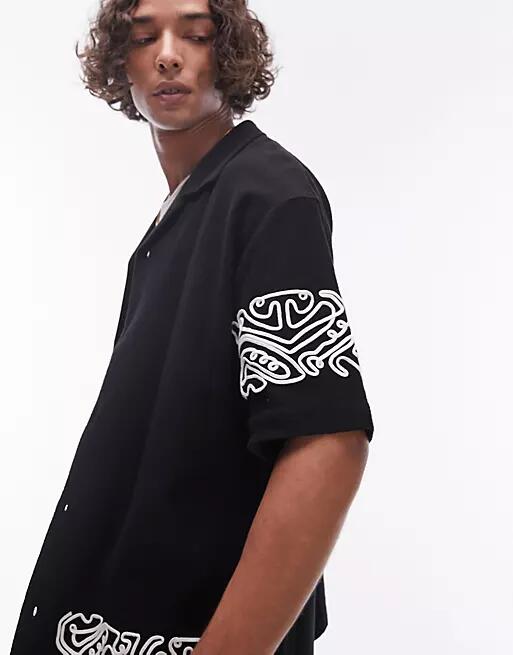 Topman oversized fit button through jersey polo with embroidery in black Cover