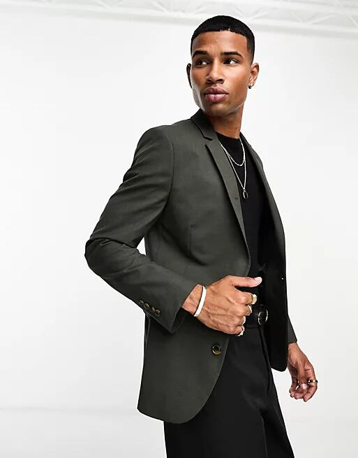 ASOS DESIGN super skinny blazer in khaki texture-Green Cover