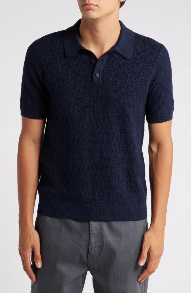 Wax London Naples Check Stitch Cotton & Cashmere Polo Sweater in Navy Cover