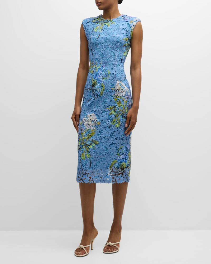 Monique Lhuillier Hydrangea-Print Guipure Lace Sheath Dress Cover