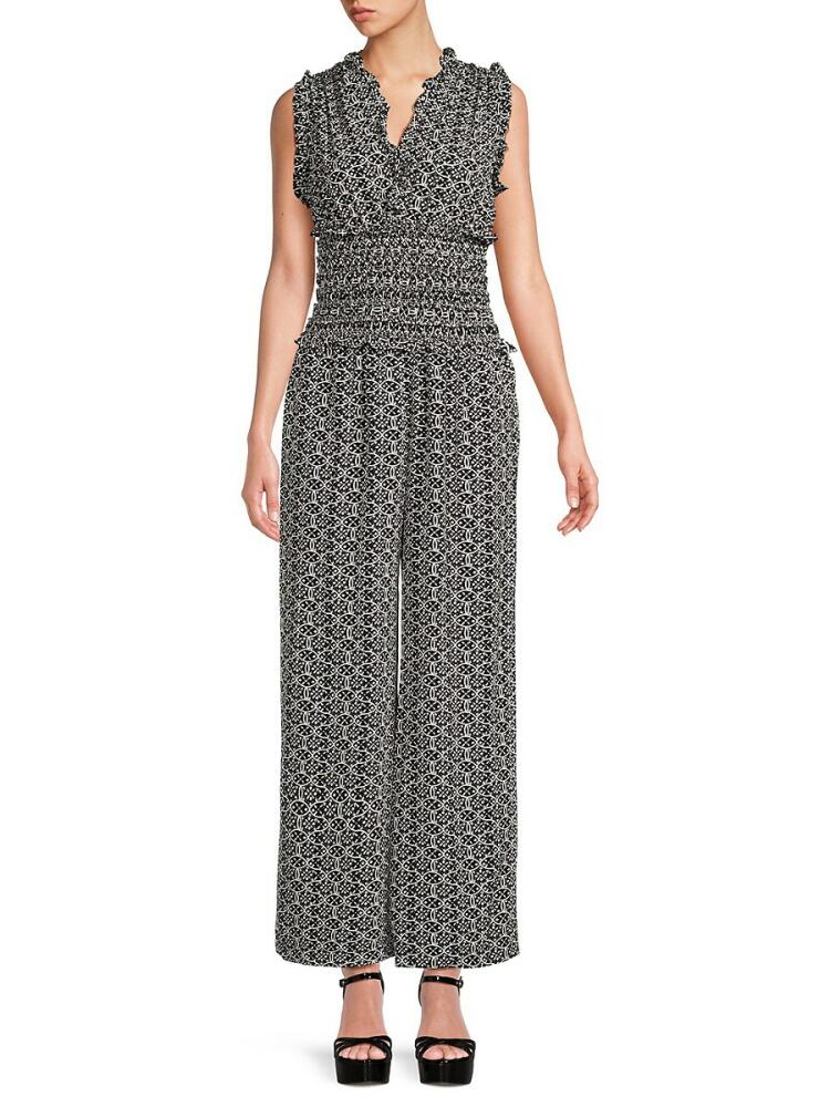 Max Studio Women's Shirred Medallion Print Jumpsuit - Busy Black White Cover