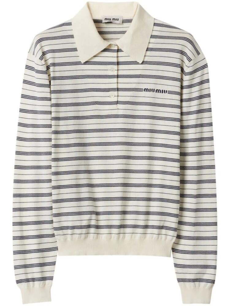 Miu Miu striped knitted cotton polo shirt - Neutrals Cover