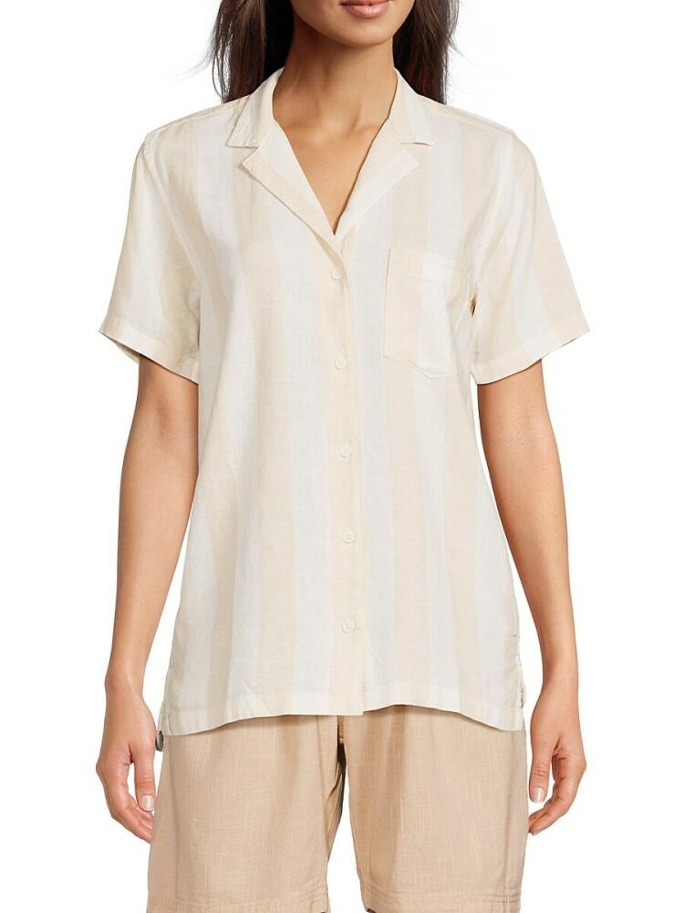 WeWoreWhat Women's Boxy Striped Linen Blend Shirt - Tan White Cover