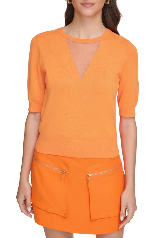 DKNY Sheer Mesh Illusion V-Neck Sweater in Orange Blossom Cover