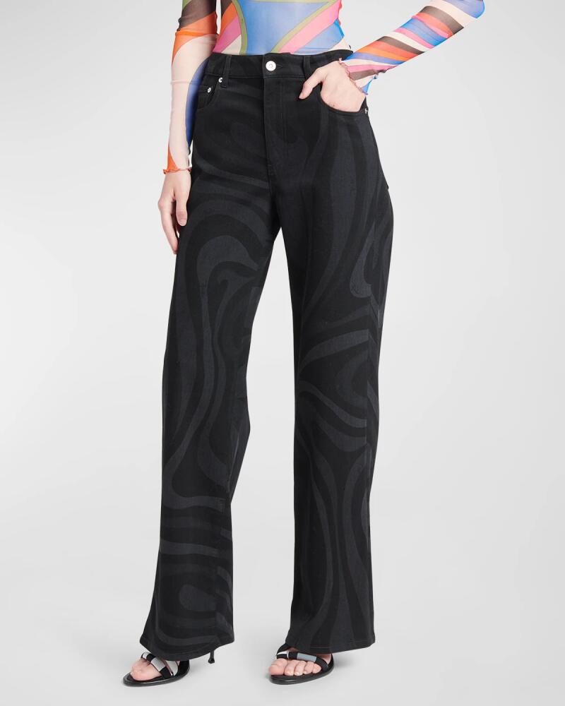 Emilio Pucci High-Rise Wavy-Print Straight-Leg Denim Trousers Cover