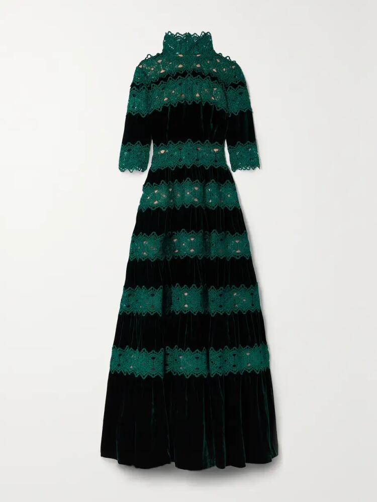 Costarellos - Lissie Paneled Velvet And Guipure Lace Gown - Green Cover