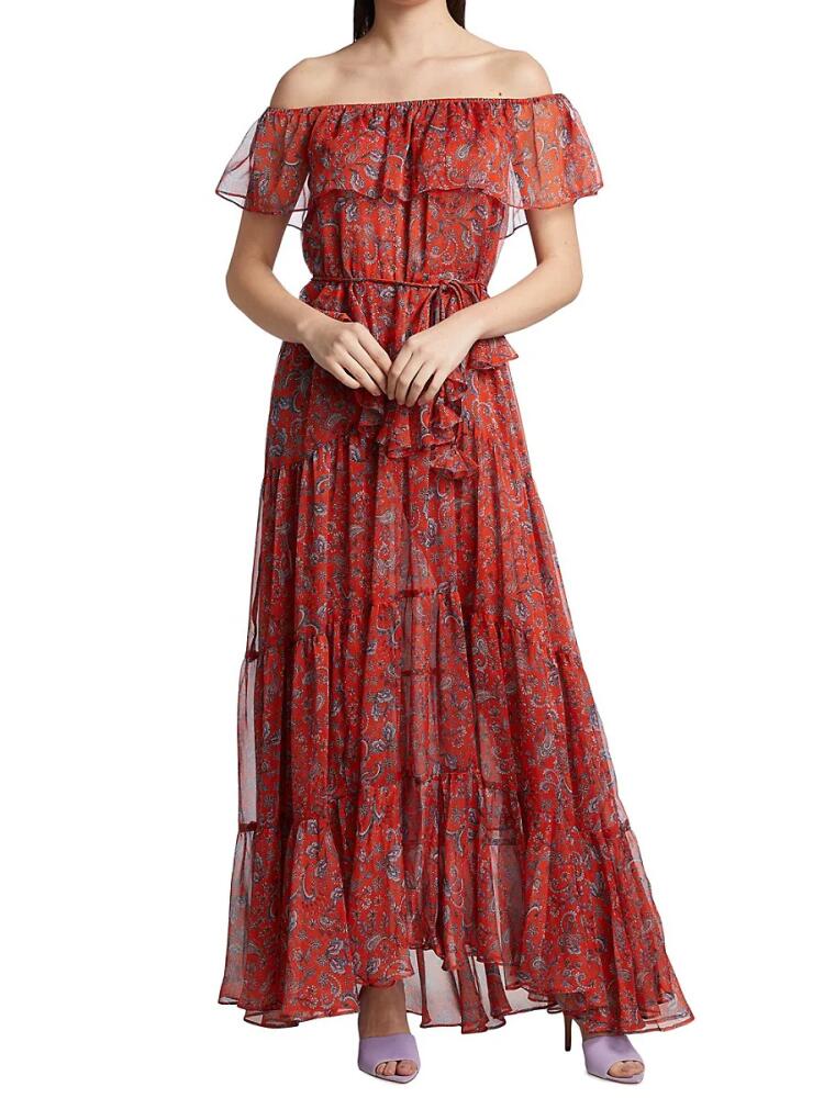 Misa Los Angeles Women's Kiera Paisley Off Shoulder Maxi Dress - Red Multicolor Cover