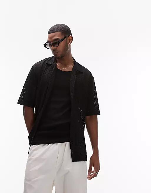 Topman oversized fit button up jersey crochet polo in black Cover