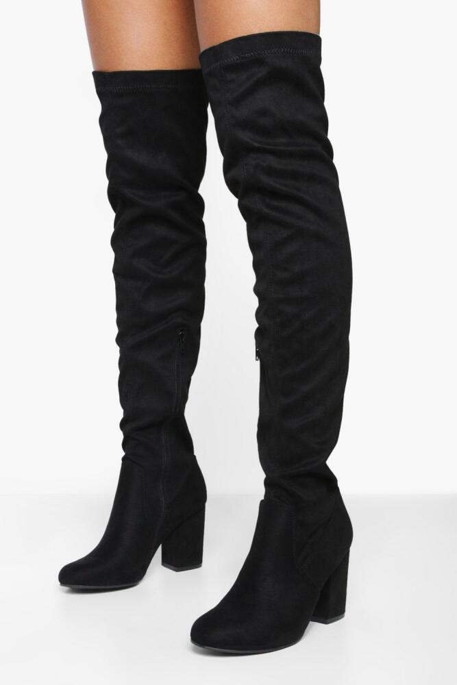 boohoo Womens Eloise Block Heel Thigh High Boots - Black Cover