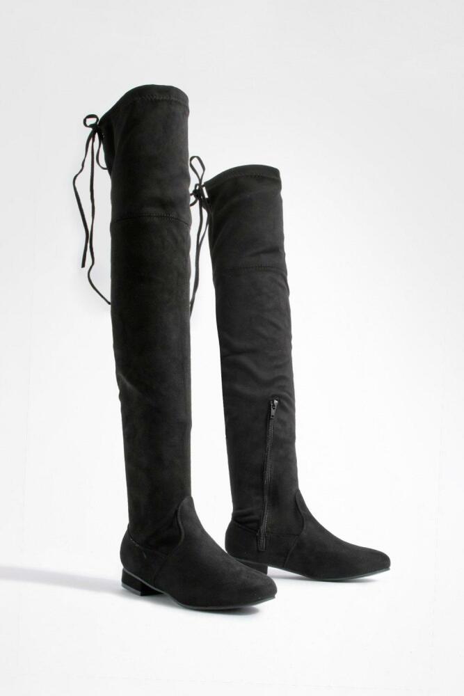 boohoo Womens Flat Tie Back Thigh High Boots - Black Cover