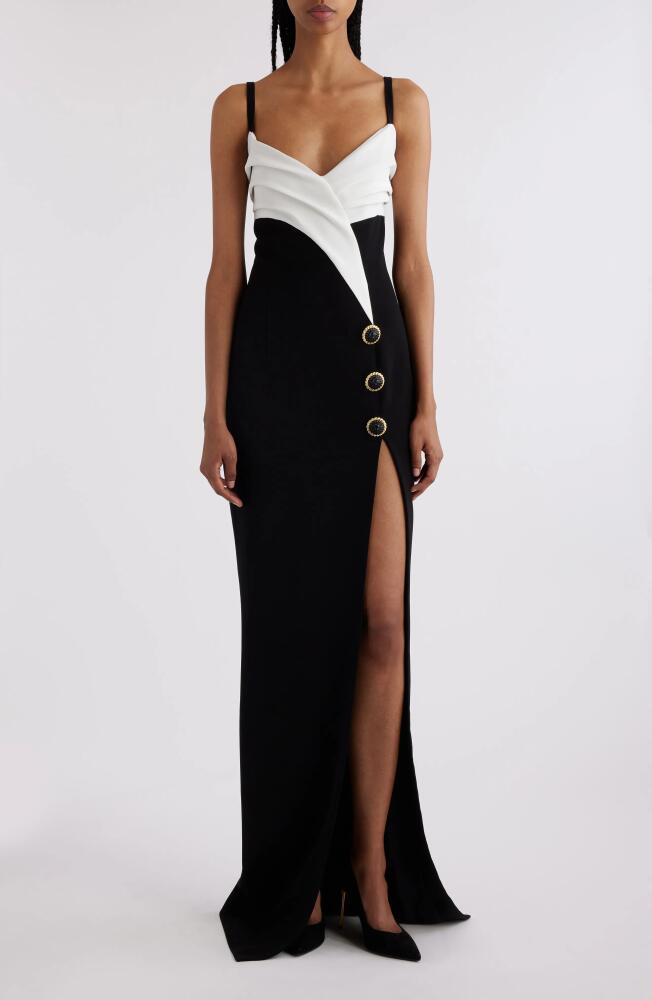 Balmain Colorblock Draped V-Neck Crepe Gown in Black Cover