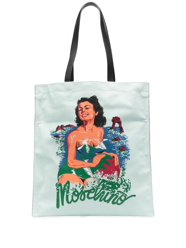 Moschino illustration-print leather tote - Blue Cover