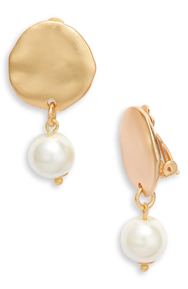 Karine Sultan Hammered Disc Imitation Pearl Clip-On Drop Earrings in Gold Cover