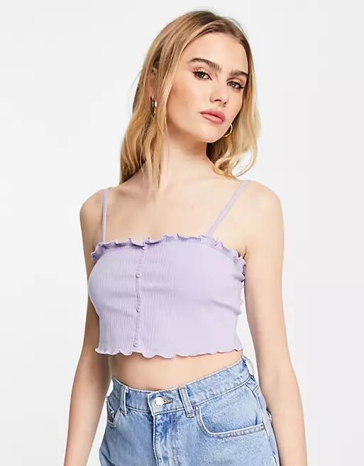 ASOS DESIGN ribbed bralet with lettuce edge and button up in lilac-Purple Cover