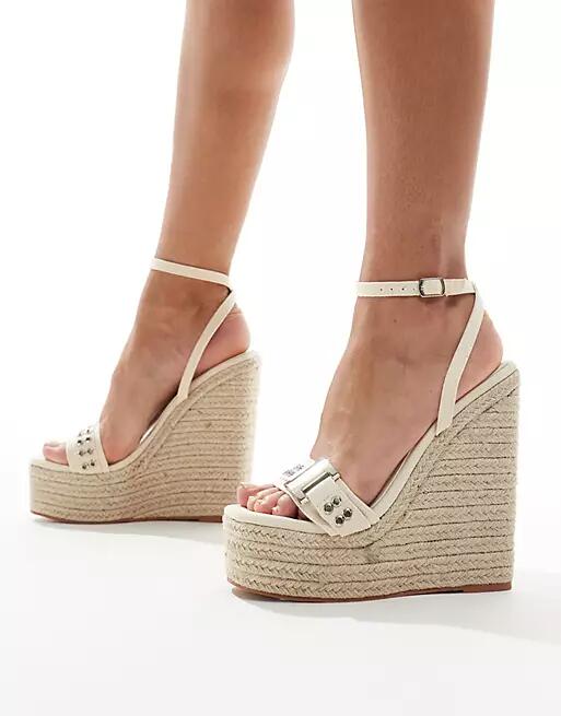 Simmi London Jamaica high espadrille wedges with eyelet buckle detail in cream-White Cover