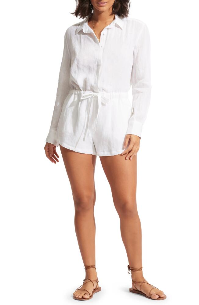 Seafolly Long Sleeve Linen Cover-Up Romper in White Cover