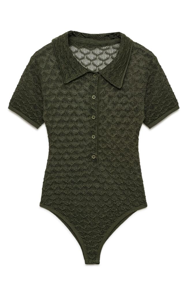 MANGO Escamas Sheer Knit Polo Bodysuit in Green Cover