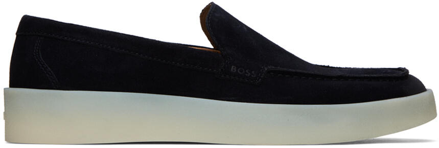 BOSS Navy Suede Logo Detail Loafers Cover