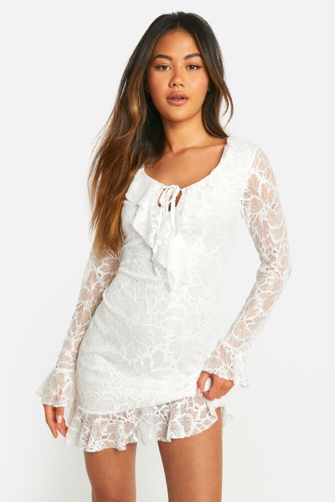 boohoo Womens Lace Ruffle Tie Front Shift Dress - White Cover