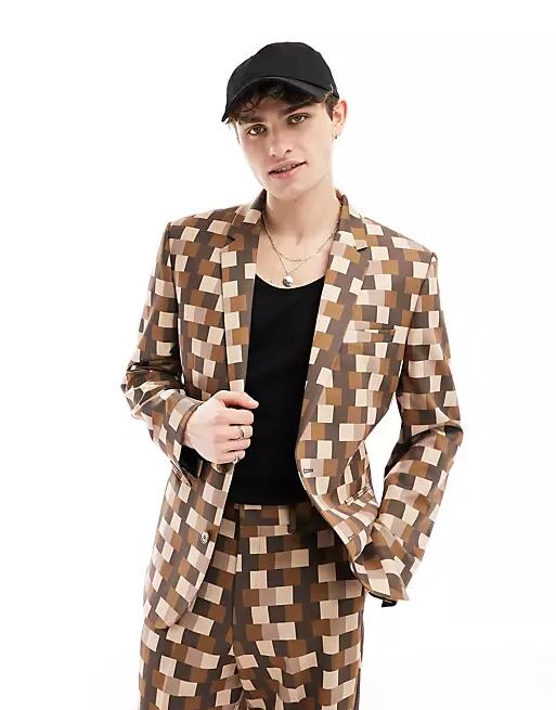 ASOS DESIGN slim suit jacket in pixelated green print Cover