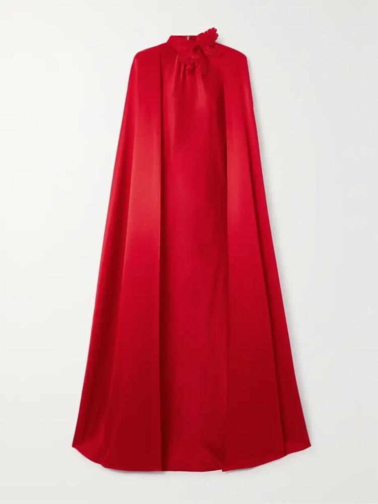 Rodarte - Cape-effect Appliquéd Silk-charmeuse Gown - Red Cover