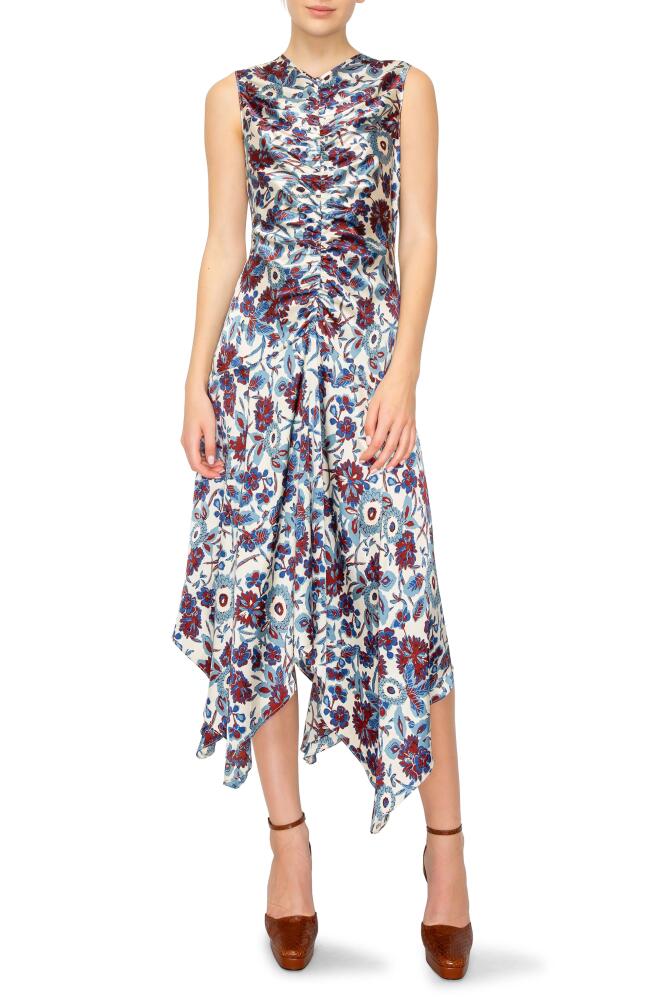 MELLODAY Floral Print Ruched Satin Midi Dress in Bone Blue Cover