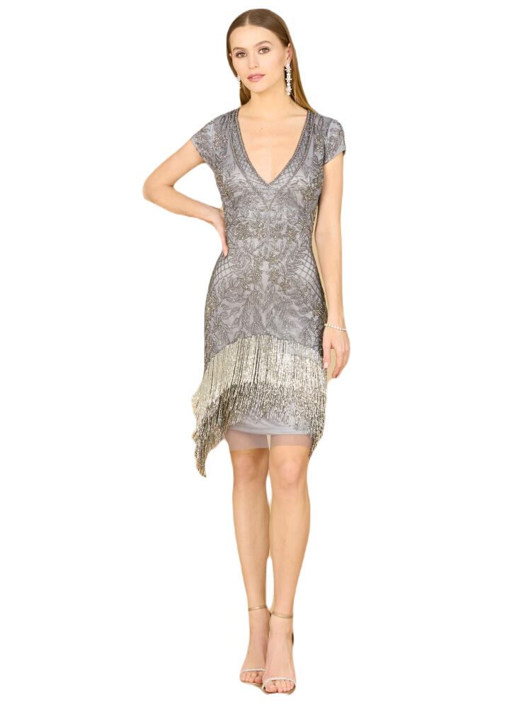 LARA New York Beaded Fringe Short Cocktail Dress in Grey Cover