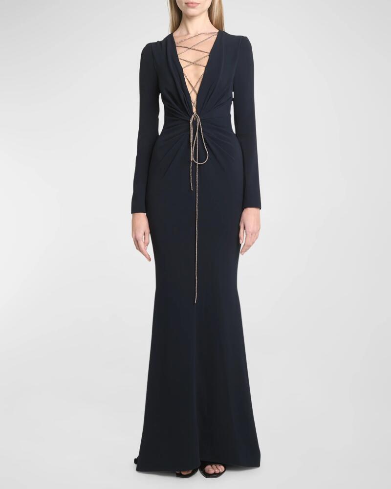 Talbot Runhof Lace-Up Plunging Long-Sleeve Cady Trumpet Gown Cover