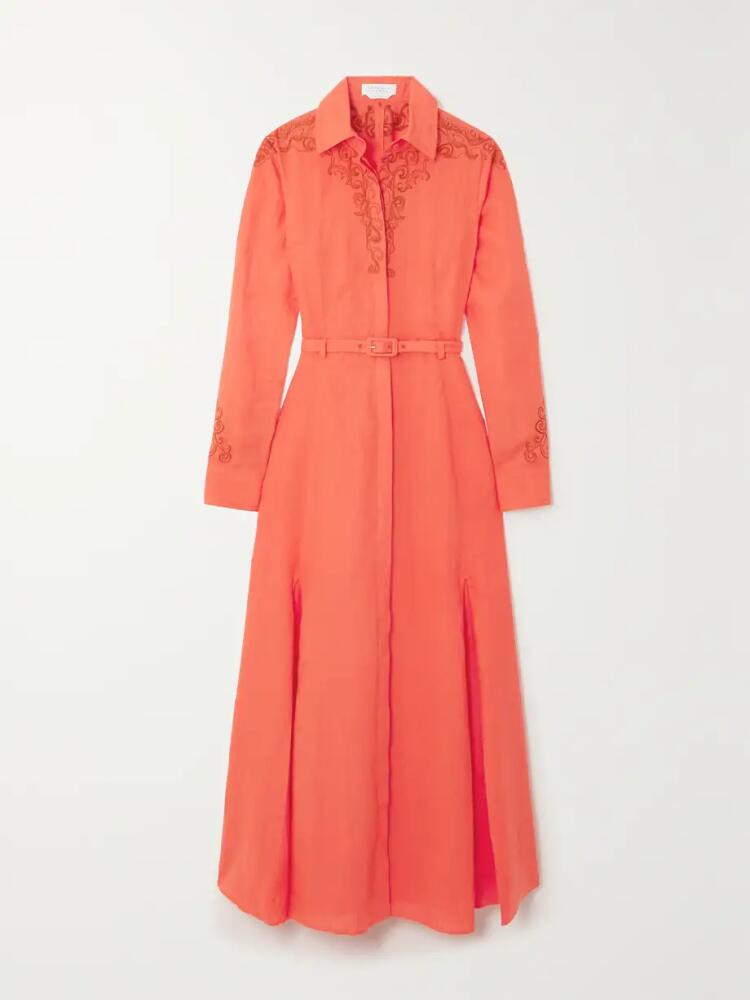 Gabriela Hearst - Mcgraw Belted Embroidered Linen Midi Shirt Dress - Orange Cover