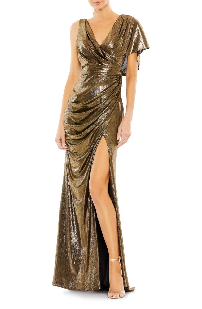 Ieena for Mac Duggal Metallic Draped Asymmetric Sheath Gown in Antique Gold Cover