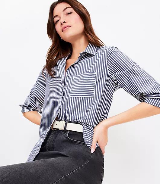 Loft Striped Poplin Everyday Relaxed Pocket Shirt Cover