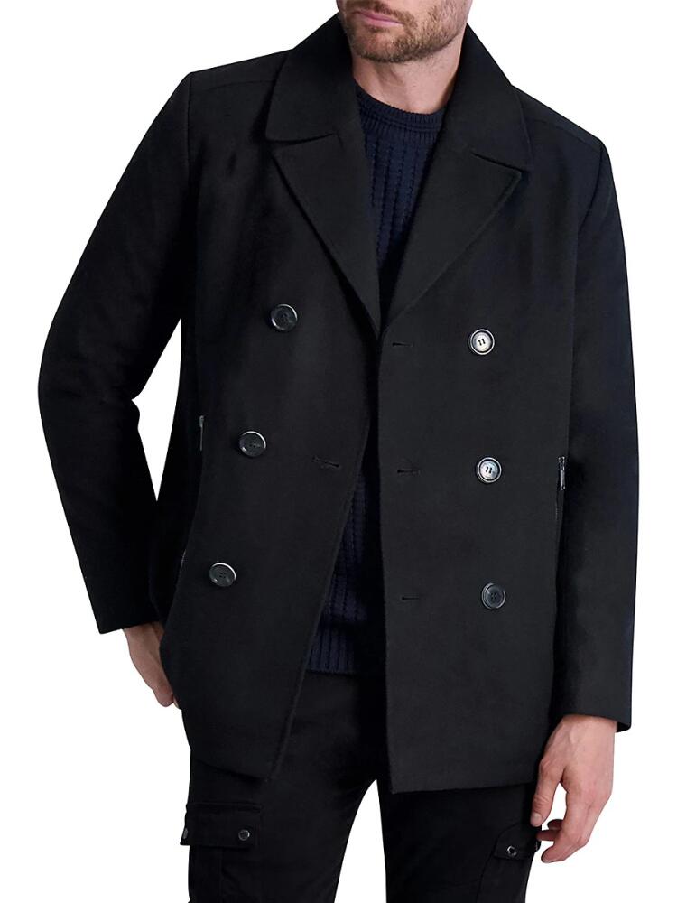 Karl Lagerfeld Paris Men's Double Breasted Wool Blend Peacoat - Black Cover