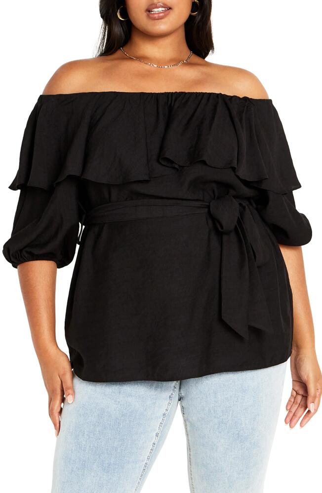 City Chic Callie Tie Waist Off the Shoulder Top in Black Cover