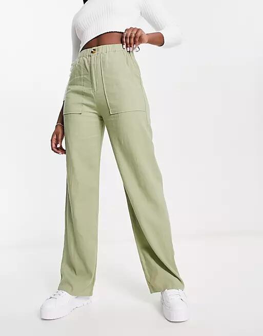 Pull & Bear relaxed linen pants in olive green Cover